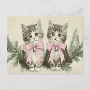 Vintage-Weihnachtskätzchen mit rosa Schleifen Postkarte