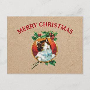 Vintage-Weihnachtskatze-Fest Kraft Braun Papier Feiertagspostkarte