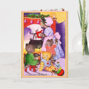 Vintage-Weihnachtskatze-Kätzchen-Koch-Grußkarte Feiertagskarte