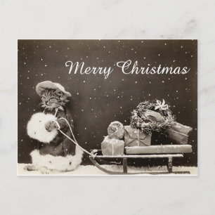 Vintage-Weihnachtskatze mit Schlitten und Kranz Feiertagspostkarte