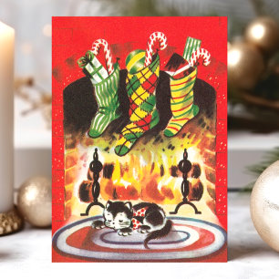 Vintage Weihnachtskatze Socken Kamin Feiertagskarte