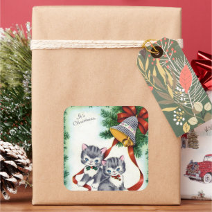 Vintage-Weihnachtskatzen Feiertags-Aufkleber Quadratischer Aufkleber