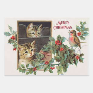 Vintage Weihnachtskatzen und Vogelschreie Geschenkpapier Set