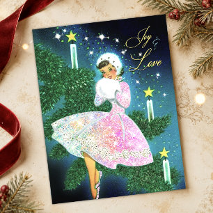 Vintage-Weihnachtskerzen-Mädchen irisierender Glit Postkarte