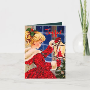 Vintage-Weihnachtskerzenlampe rot glänzendes Mädch Einladung