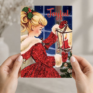 Vintage-Weihnachtskerzenlampe rot glitzerndes Mädc Einladung