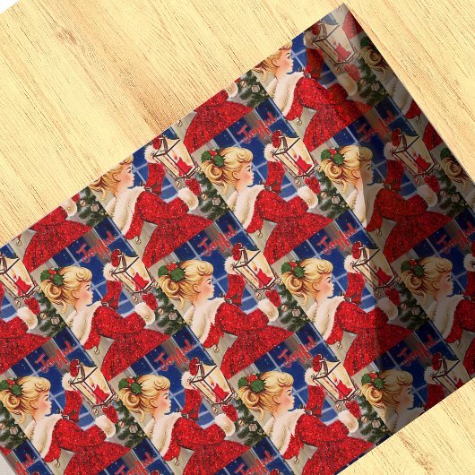 Vintage Weihnachtskerzenleuchte Roter Glitzer Mädc Geschenkpapier