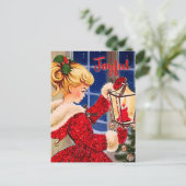 Vintage Weihnachtskerzenleuchte Roter Glitzer Mädc Postkarte (Stehend Vorderseite)