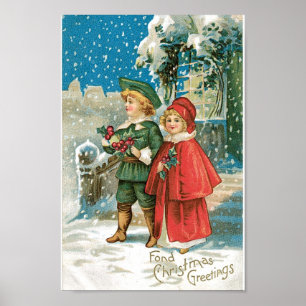Vintage Weihnachtskinder im Schnee Poster