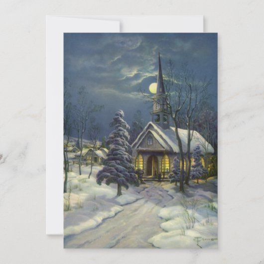 Vintage Weihnachtskirche im Schnee Mond Einladung (Vorderseite)