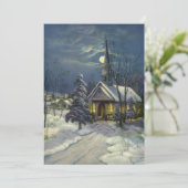 Vintage Weihnachtskirche im Schnee Mond Einladung (Stehend Vorderseite)