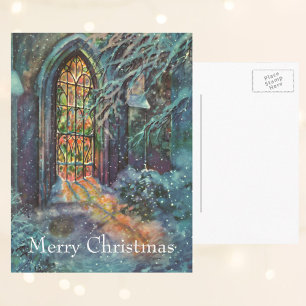 Vintage-Weihnachtskirche mit Bleiglasfenster Feiertagspostkarte