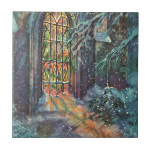 Vintage-Weihnachtskirche mit Bleiglasfenster Fliese
