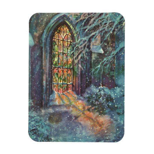 Vintage-Weihnachtskirche mit Bleiglasfenster Magnet (Vertikal)