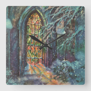 Vintage-Weihnachtskirche mit Bleiglasfenster Quadratische Wanduhr