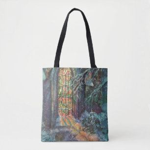 Vintage-Weihnachtskirche mit Bleiglasfenster Tasche
