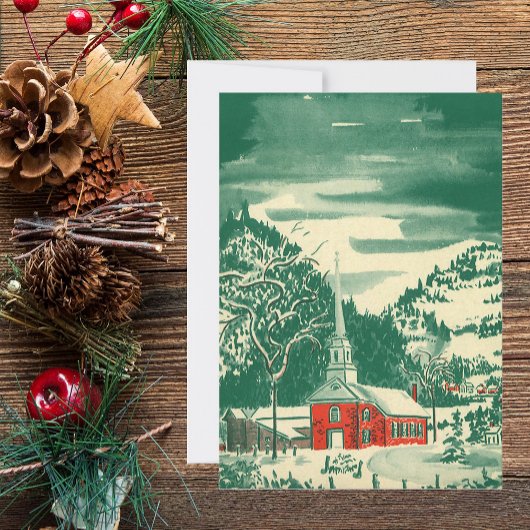 Vintage-Weihnachtskirche, Schneelandschaft im Wint Feiertagskarte
