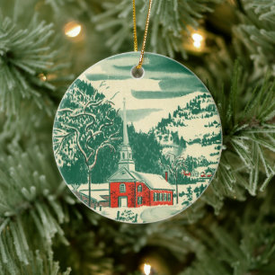 Vintage Weihnachtskirche, Schneelandschaft im Wint Keramik Ornament