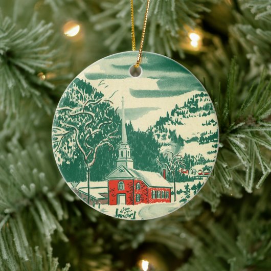 Vintage Weihnachtskirche, Schneelandschaft im Wint Keramik Ornament (Baum)