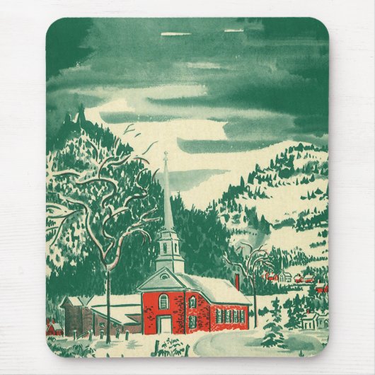 Vintage-Weihnachtskirche, Schneelandschaft im Wint Mousepad (Vorne)