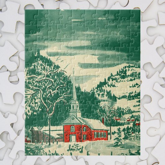 Vintage Weihnachtskirche, Schneelandschaft im Wint Puzzle
