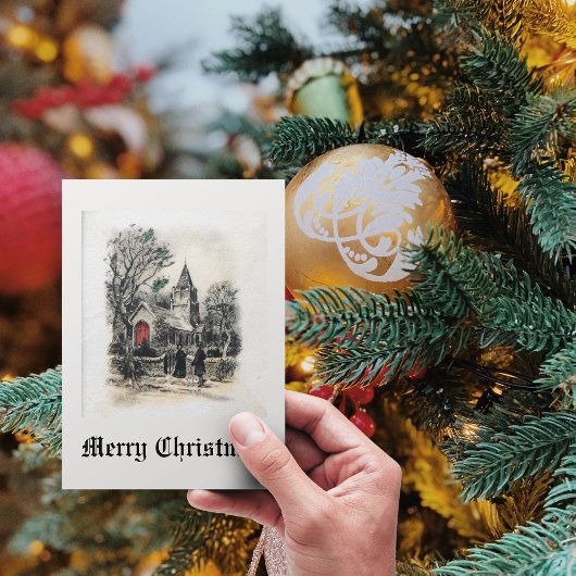 Vintage Weihnachtskirche Schwarz-weiß Feiertagskarte