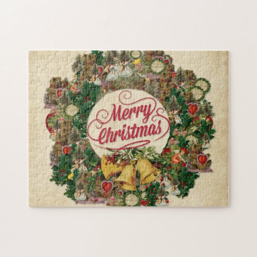 Vintage-Weihnachtskranz (Frohe Weihnachten) Puzzle (Horizontal)
