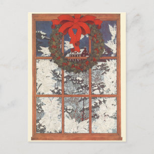 Vintage-Weihnachtskranz in einem Fenster mit Schne Feiertagspostkarte
