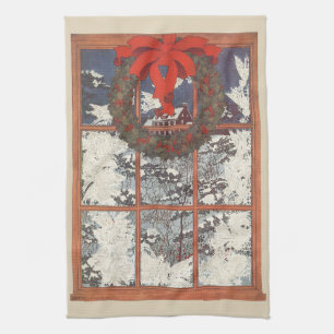 Vintage-Weihnachtskranz in einem Fenster mit Schne Geschirrtuch