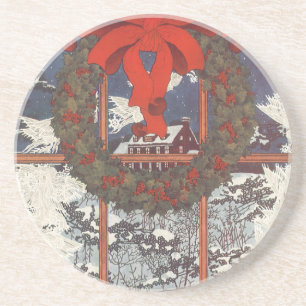 Vintage-Weihnachtskranz in einem Fenster mit Schne Getränkeuntersetzer