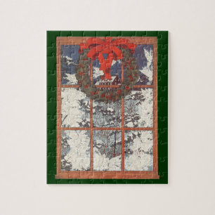 Vintage-Weihnachtskranz in einem Fenster mit Schne Puzzle