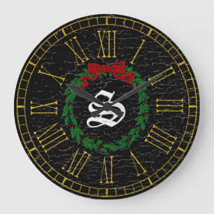 Vintage-Weihnachtskranz-Monogramm Große Wanduhr