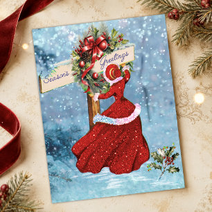 Vintage-Weihnachtskranz rote Glitter Mädchen Schne Postkarte