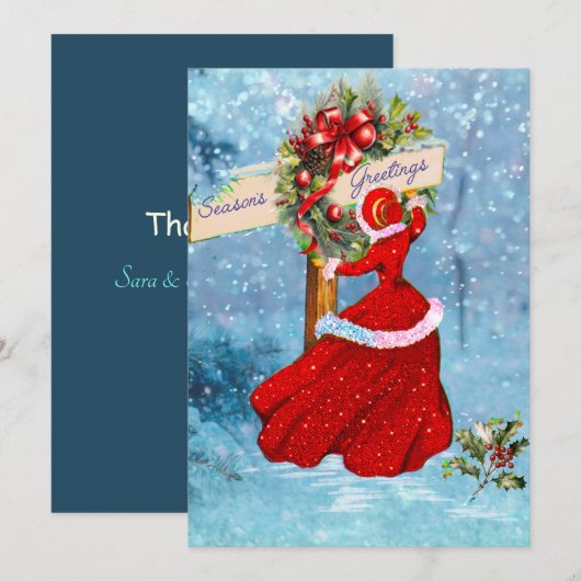 Vintage Weihnachtskranz Rotes Glitzer Mädchen Dankeskarte (Vorne/Hinten)