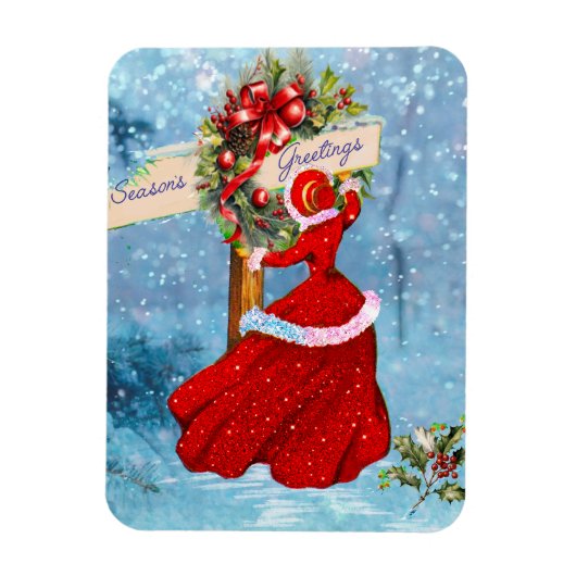 Vintage Weihnachtskranz Rotes Glitzer Mädchen Magnet (Vertikal)