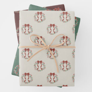 Vintage-Weihnachtskranz-Wasserfarbe-Linen (Multi) Geschenkpapier Set