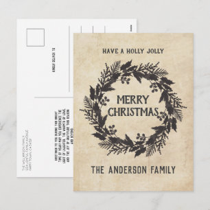 Vintage-Weihnachtskränze aus Stechpalmenblättern Feiertagspostkarte