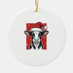 Vintage-Weihnachtskuh-Santa-Hut-Feiertags-Shirt (2 Keramik Ornament
