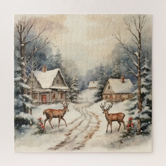 Vintage Weihnachtslandschaft mit Hirsch Puzzle (Vertikal)