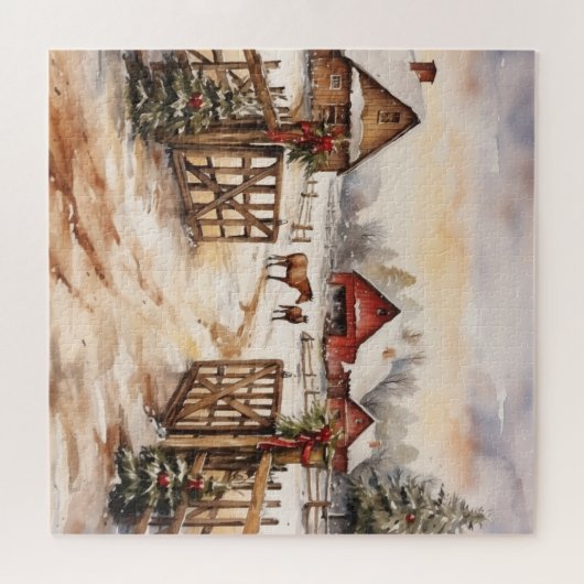 Vintage Weihnachtslandschaft mit Pferden Puzzle (Horizontal)
