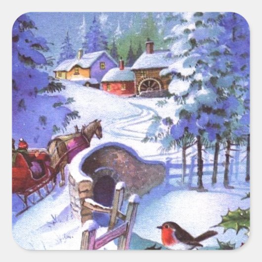 Vintage Weihnachtslandschaft Quadratischer Aufkleber (Vorderseite)