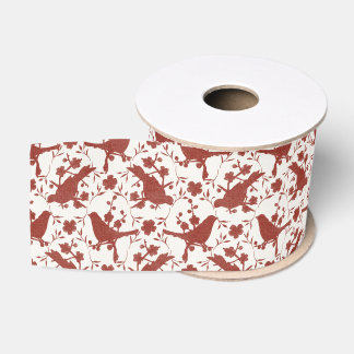Vintage-Weihnachtsliedvögel und Leinenblumen (Rot) Ripsband