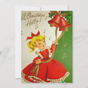 Vintage-Weihnachtsmädchen, das mit der Glocke klin Feiertagskarte