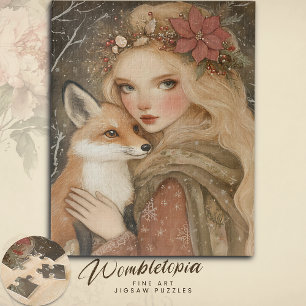 Vintage-Weihnachtsmädchen mit Fuchs im Winter Puzzle