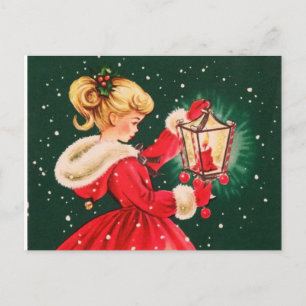 Vintage-Weihnachtsmädchen mit Laterne Feiertagspostkarte