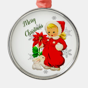 Vintage-Weihnachtsmädchen mit Poinsettienblume Ornament Aus Metall