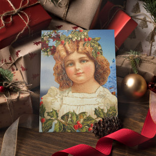 Vintage-Weihnachtsmädchen mit Stechpalme Karte