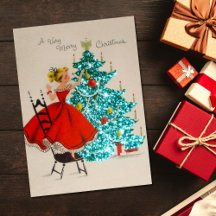 Vintage-Weihnachtsmädchen schmückt Baum