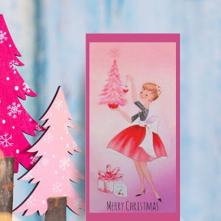Vintage-Weihnachtsmädchen schmückt den Baum Feiertagskarte