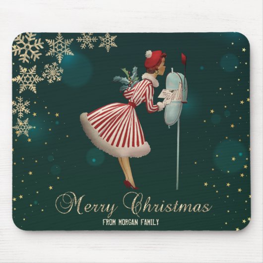 Vintage Weihnachtsmädchen, Schneeflocken Mousepad (Vorne)
